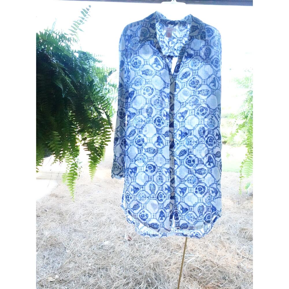 Isaac Mizrahi Blue White Linen Nautical Button Shirt Dress Swim Coastal Small